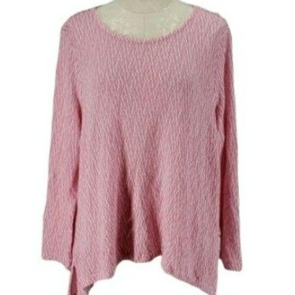 Chelsea & Theodore Pink White Textured Knit Long Sleeve Top High Low Hem